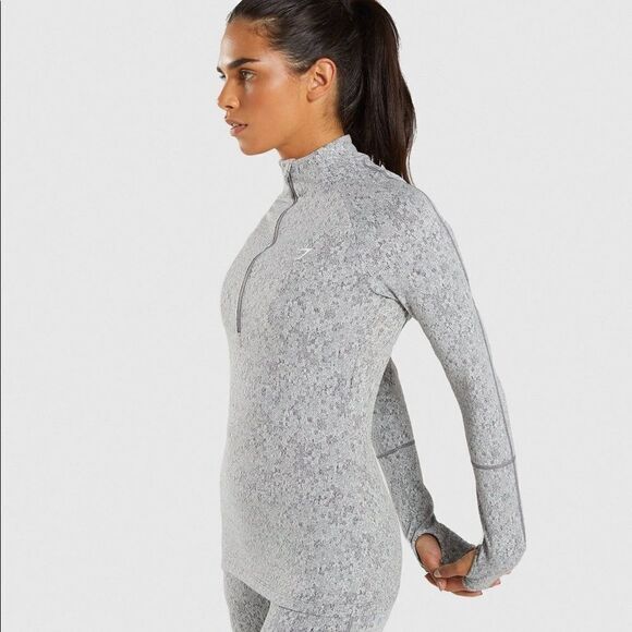 Gymshark Fleur Marl‎ 1/4 Zip Open Back Stretch Athletic Running Top Grey Small - Picture 3 of 13